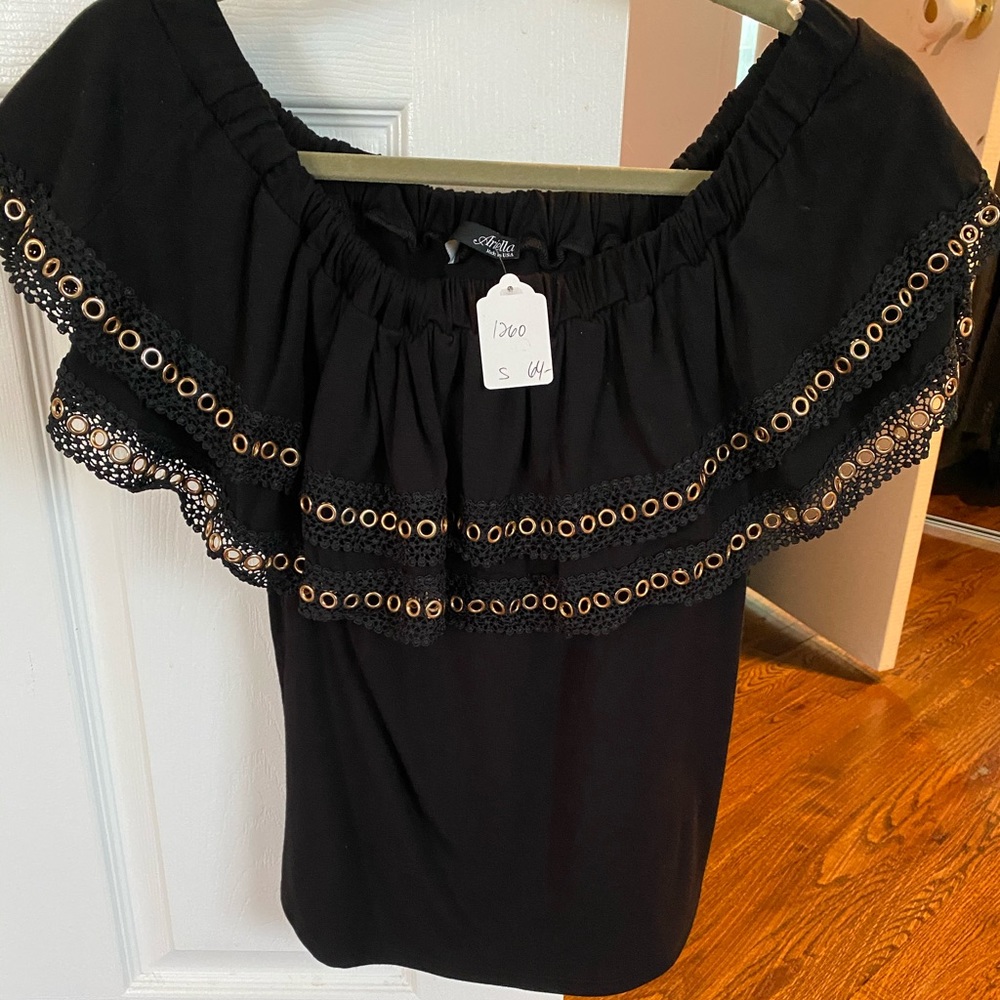 Ariella off shoulder shirt with gold gromets